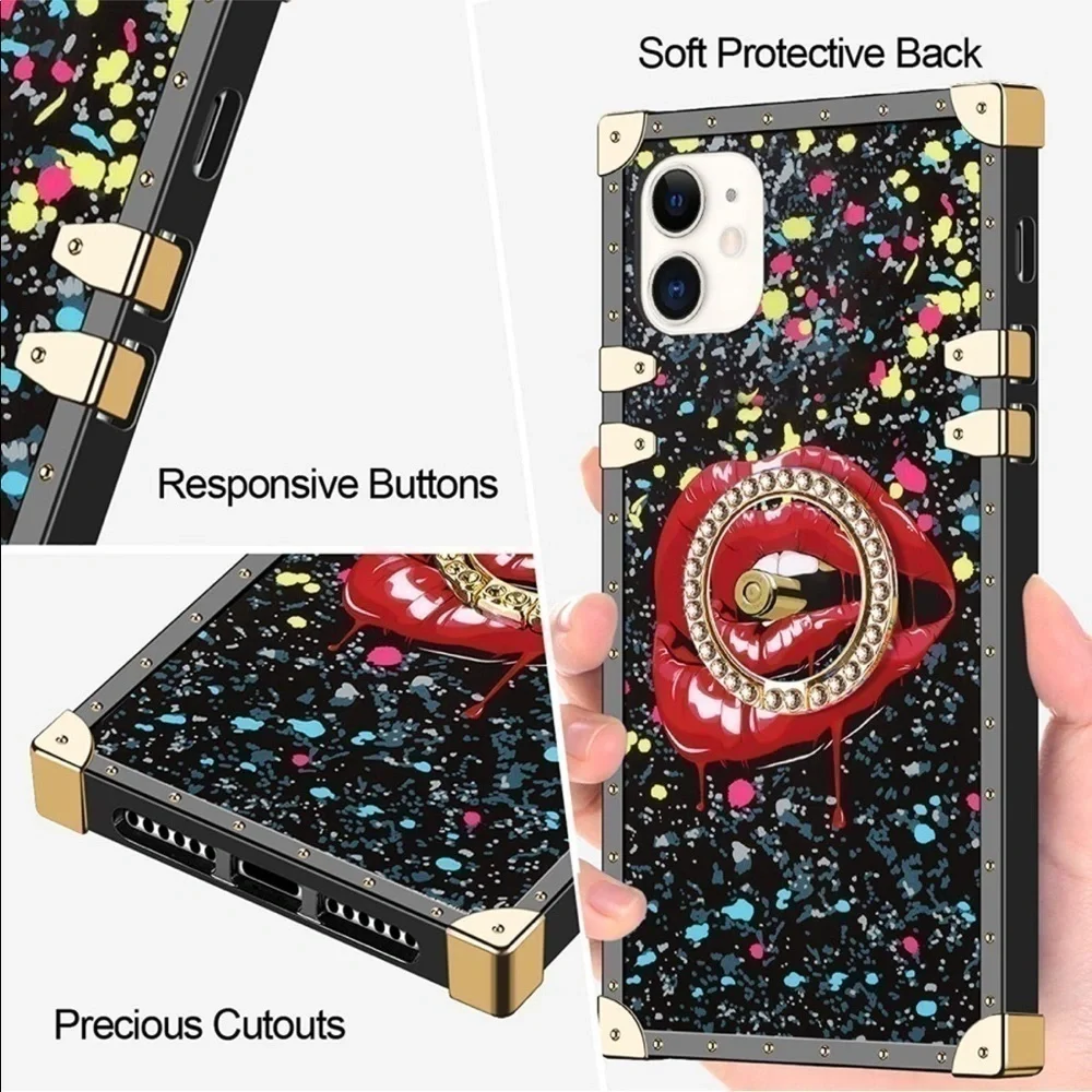 iPhone 11 Ultra Red Lips Kickstand Ring Holder Square Rivet Crystal Silicon Case